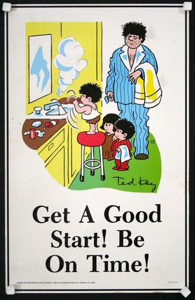 a poster with a man and children washing dishes