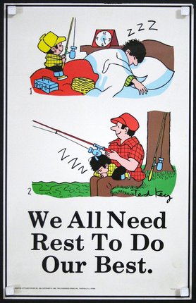 a poster with a cartoon of a man fishing