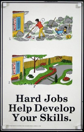 a poster with a man digging a yard