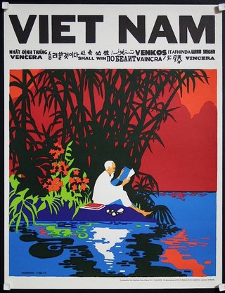 a poster of a man sitting on a rock in water