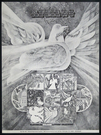 a black and white poster with a dove