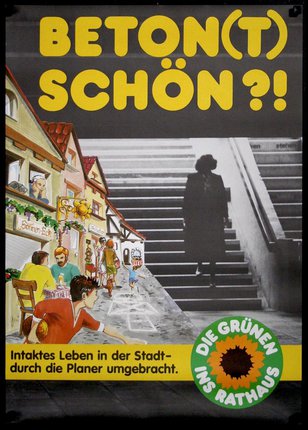 a poster with a person walking up stairs