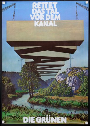 a poster of a bridge over a river