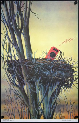 a poster of a radio in a nest