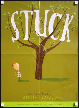 a poster with a cartoon of a boy standing under a tree