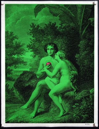 a green poster with a couple of naked people