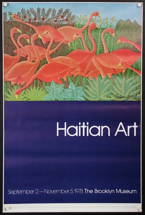 a poster with a group of flamingos