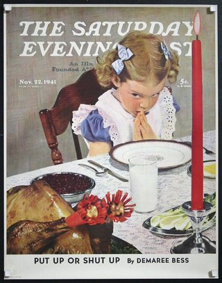 a magazine cover of a girl praying at a table with a turkey
