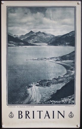 a poster of a lake and mountains