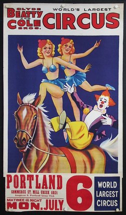 a poster with clowns and girls on top of a horse