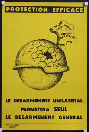 a yellow poster with a cracked globe and a map