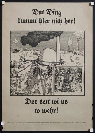 a poster with a black and white drawing of a factory