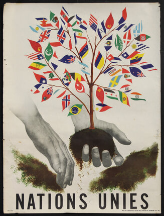 a poster with a tree with flags on it