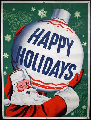 a poster of a santa holding a large white and blue ornament