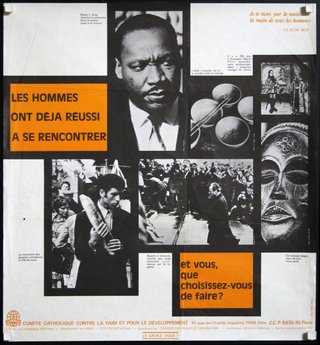 a poster with images of men and people