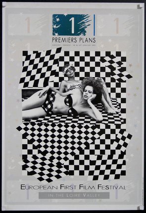 a poster of two women lying on a checkered surface