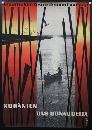 a poster with a couple of people in a boat on water