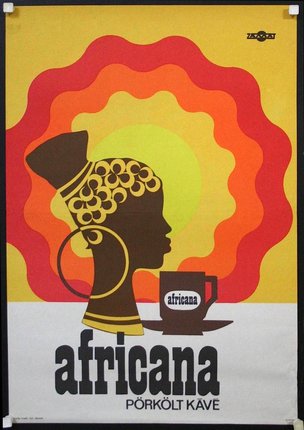 a poster with a woman's head and a cup of coffee