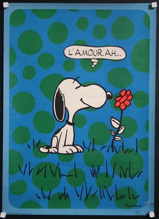 a poster with a cartoon of a dog smelling a flower
