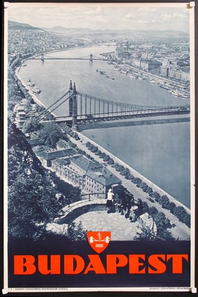a poster of a bridge and a river
