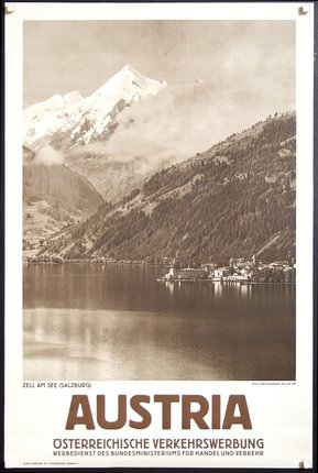 a poster of a mountain and lake