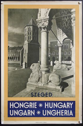 a poster of a building with a lion statue