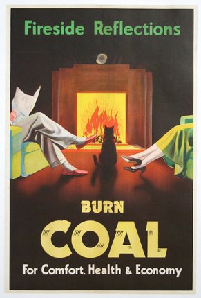 a poster of a cat sitting in front of a fireplace