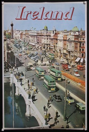 a poster of a city with buses and cars