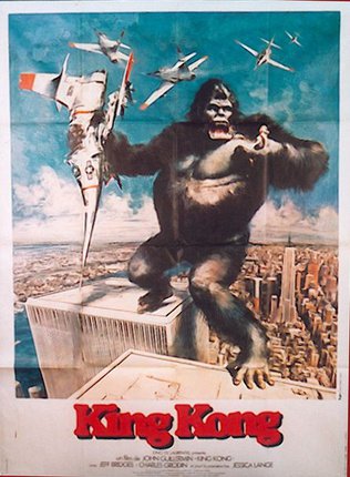 a poster of a gorilla holding a jet plane