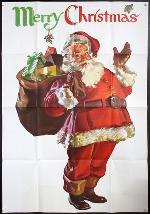 a poster of santa claus carrying a sack of presents