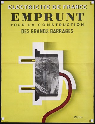 a yellow poster with a yellow cord and a black and white image