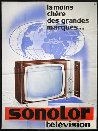 a poster with a television and a globe