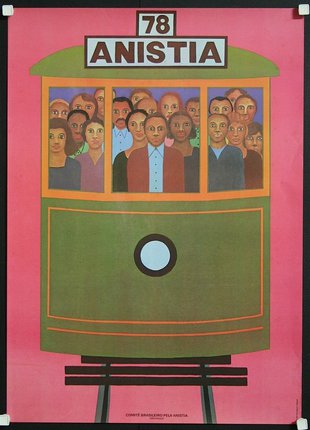 a poster of a trolley car with people in it