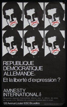 a poster with a man with a red tape over his mouth