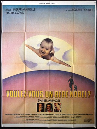 a poster of a baby flying through the air