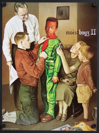 a poster of a boy in a green suit