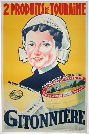 a poster of a woman with a hat and cheese