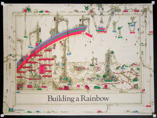 a poster with a drawing of a rainbow