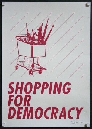 a sign with a shopping cart full of weapons