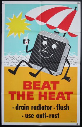 a poster with a cartoon character on the beach