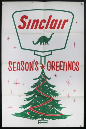 a poster with a christmas tree and a dinosaur