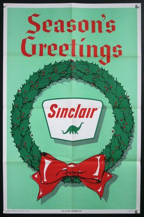 a green and red poster with a wreath