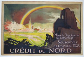a poster with a rainbow and a man working on a field