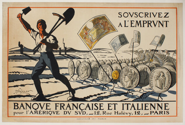 a poster of a man holding a pickaxe and a flag