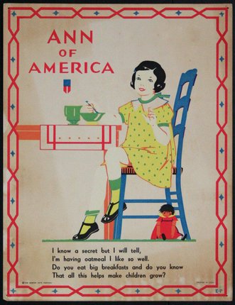 a poster of a girl sitting at a table