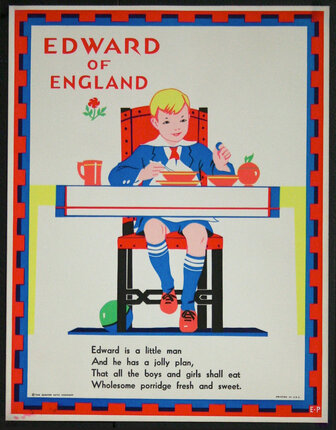 a poster of a boy sitting at a table