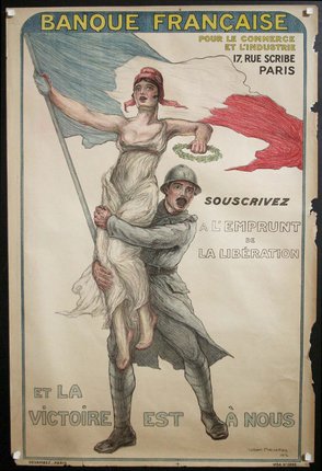 a poster with a woman holding a flag