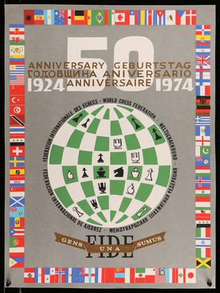 a grey and green poster with white text and a globe with different flags