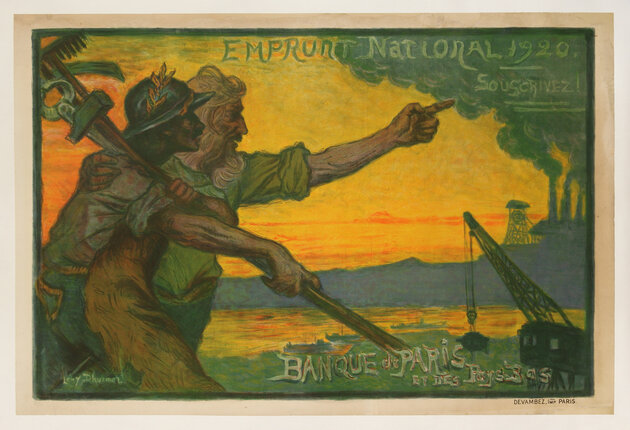 a poster of two men pointing at a ship