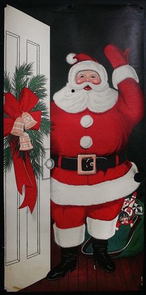a poster of a santa claus waving